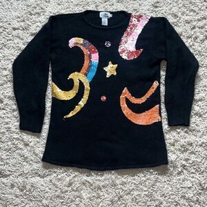 Vintage In Charge Sequin Cosmic Star Moon Silk Angora, and Lambswool Sweater Wom